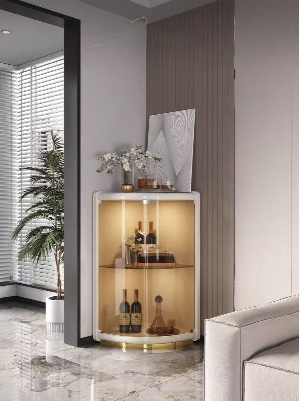 Modern Minimalist Curved White & Gold Corner Bar Cabinet - Image 4