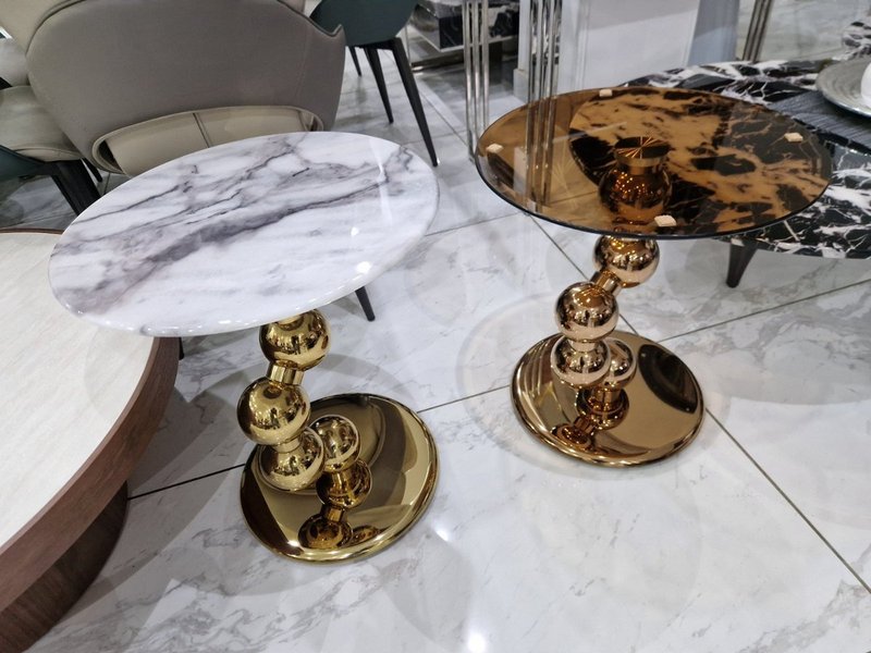 Spherical Gold Base Side Table (Marble Top & Amber Glass Top Options) - Image 2
