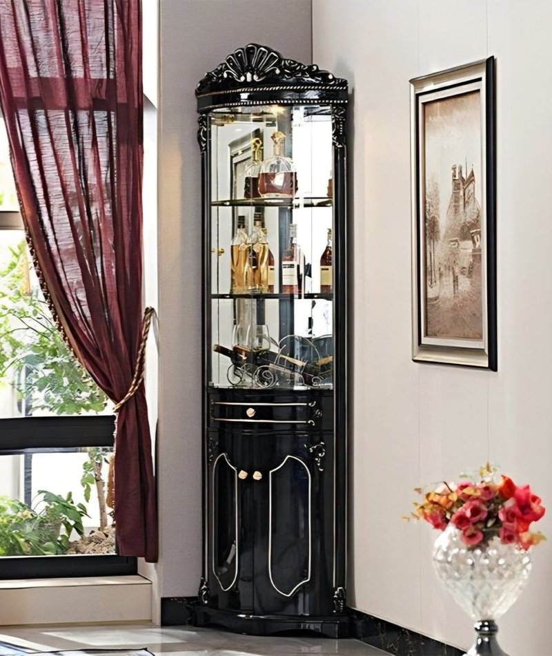 Royal Black & Gold Carved Corner Wine Cabinet - Image 1