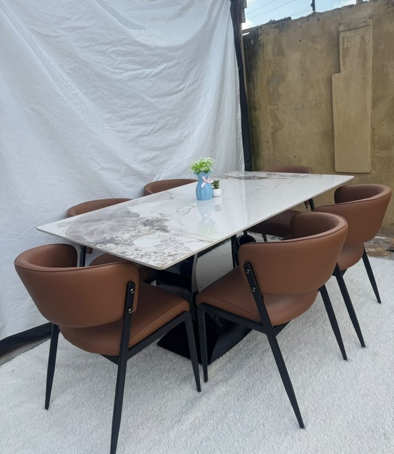 Modern Marble-Pattern Porcelain 6-Seater Dining Set with Leatherette Armchairs - Image 1