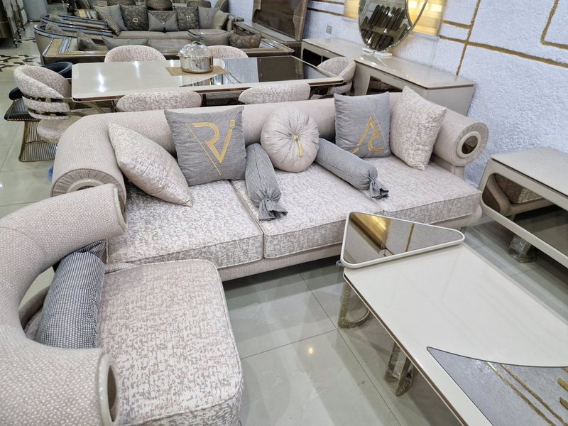 Contemporary Blush Beige Living Room & Dining Suite with Gold Frame Accents - Image 3
