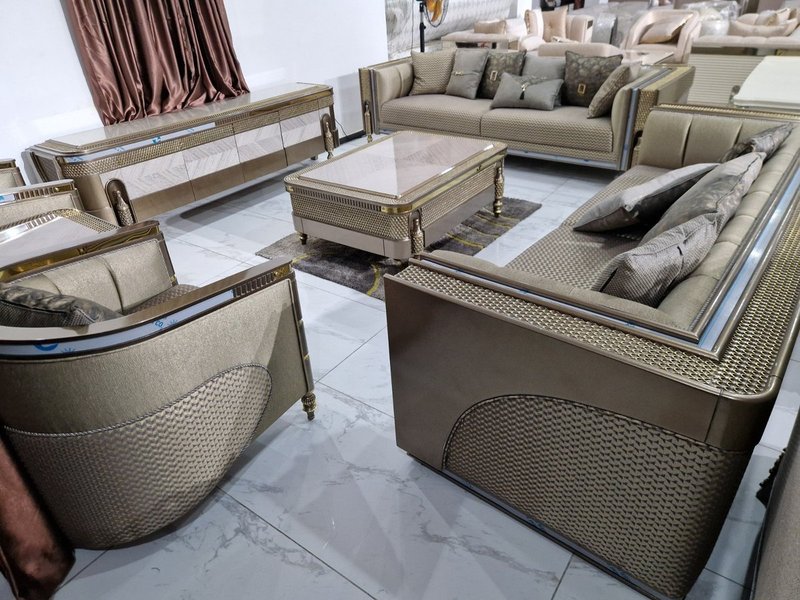 Royal Metallic Bronze Upholstered Living Room Suite with Woven Panel Detailing - Image 1