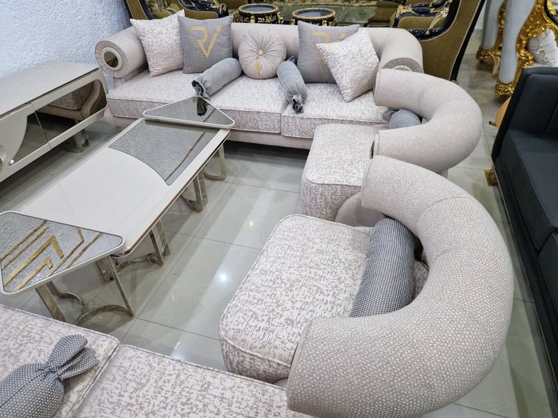 Contemporary Blush Beige Living Room & Dining Suite with Gold Frame Accents - Image 1