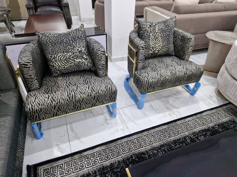 Charcoal Grey & Gold Channel-Tufted Sectional Living Room Suite with Animal Print Accent Chairs - Image 3