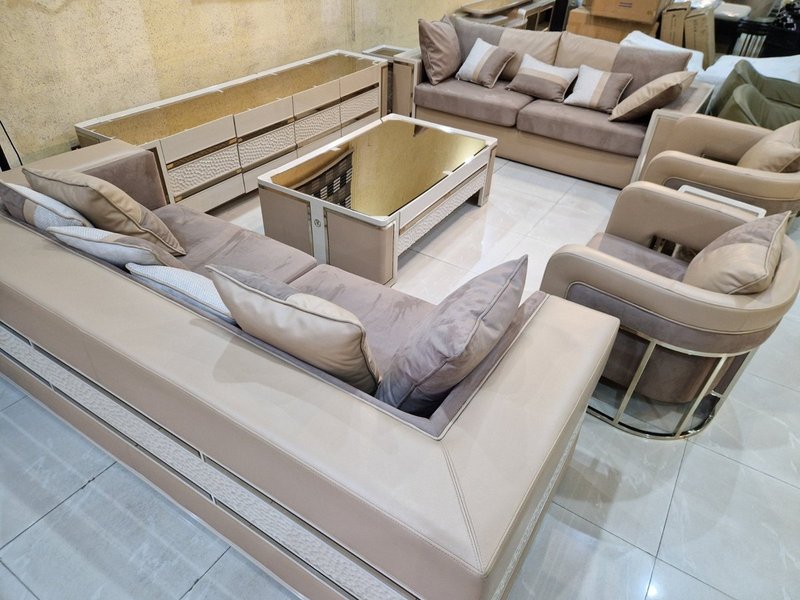 Modern Luxury Cream & Beige Sofa Set with TV Stand, Coffee Table & Side Stools - Image 1