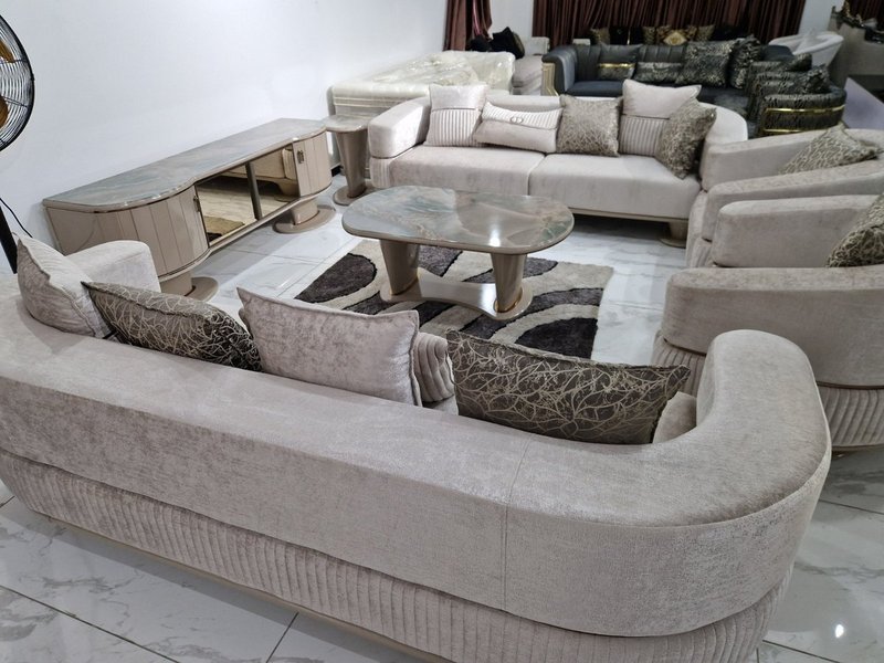 Champagne Beige Velvet Living Room Suite with Fluted Base & Marble-Top Tables - Image 1