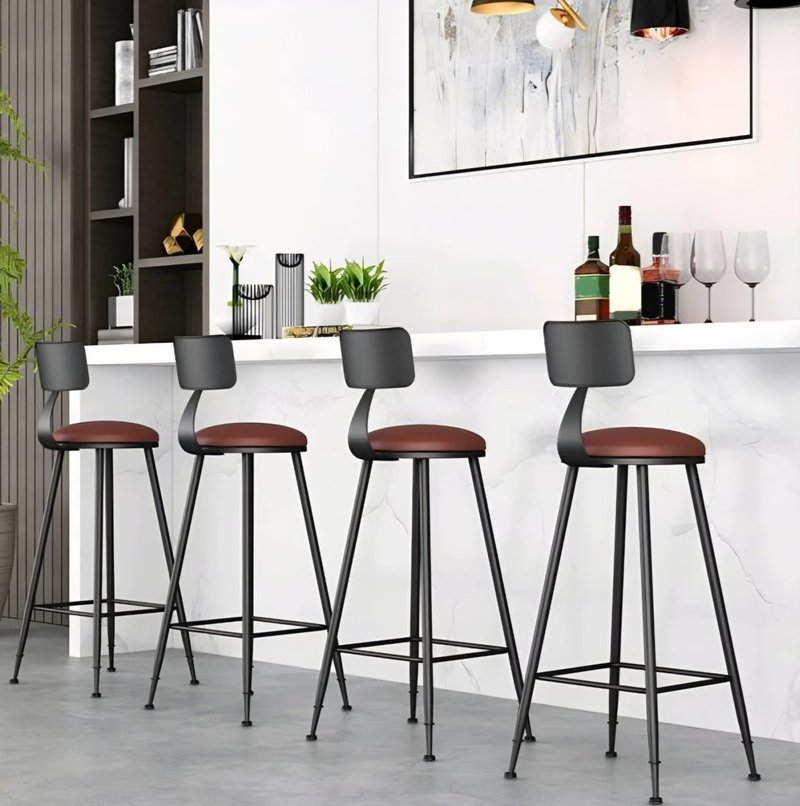 Modern Industrial Bar Stool with Terracotta Leatherette Seat & Backrest - Image 2