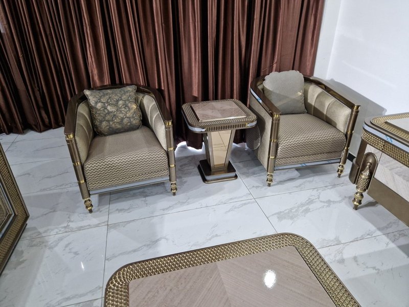 Royal Metallic Bronze Upholstered Living Room Suite with Woven Panel Detailing - Image 4