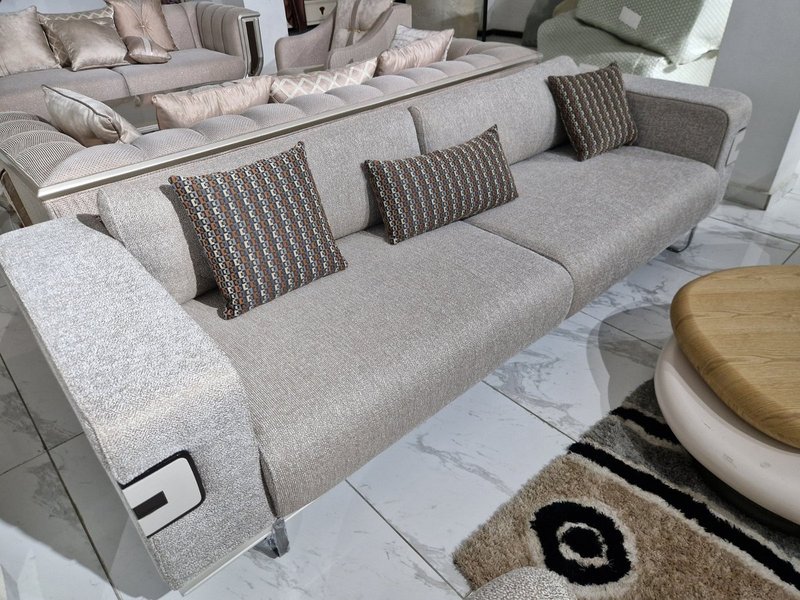 Contemporary Textured Beige Fabric Living Room Suite with Sculptural Tub Armchairs - Image 4