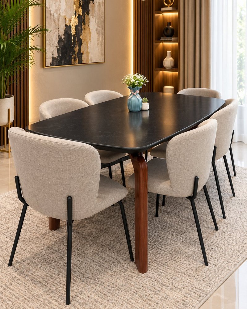 Modern Nordic Black Table 6-Seater Dining Set with Upholstered Chairs - Image 1