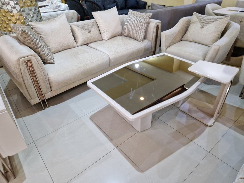 Luxury Modern Beige Velvet Sofa Set with Rose Gold Trim & Accent Coffee Table - Image 3