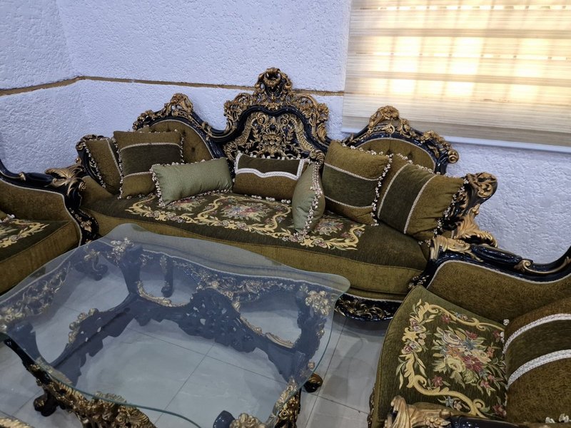 Royal Baroque Olive Green & Gold Carved Living Room Suite with Floral Gobelin Tapestry - Image 1
