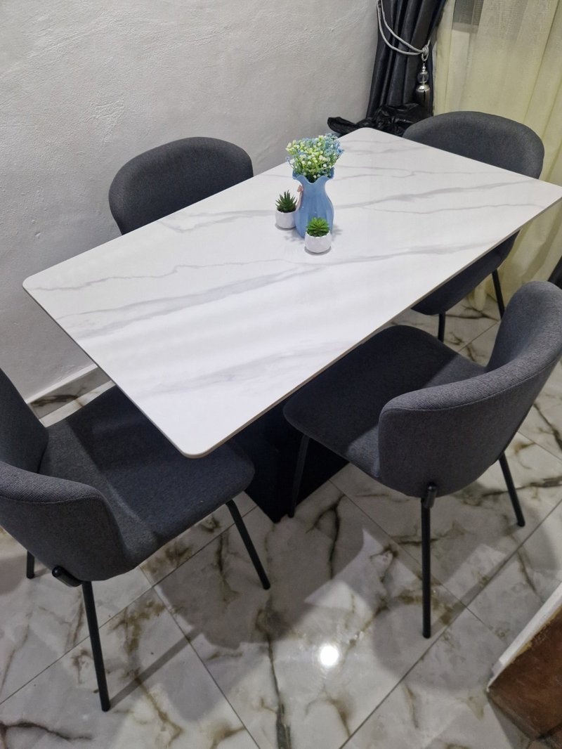 Modern White Faux Marble Dining Set with 4 Charcoal Grey Chairs - Image 1