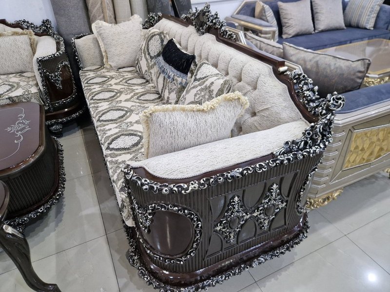 Royal Dark Mahogany & Silver Carved Living Room Suite with Button-Tufted Upholstery - Image 1