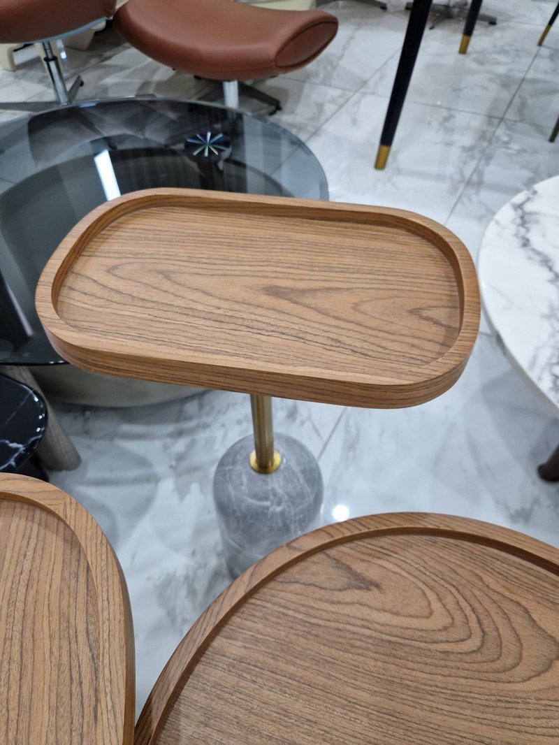 Multi-Level Wooden Tray Side Table with Marble Pedestal Base - Image 1