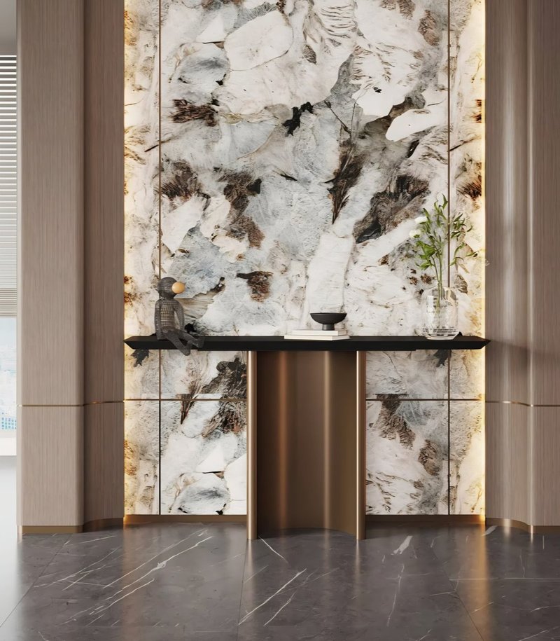 Luxury Black Marble Console Table with Brushed Brass Pedestal - Image 1