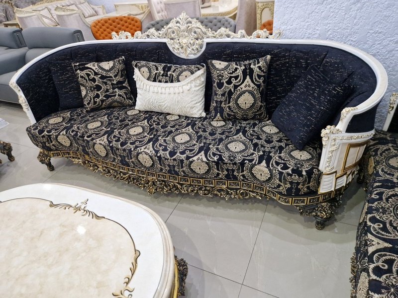 Royal Baroque Black & Gold Curved Living Room Suite with Cream Marble-Top Tables - Image 3