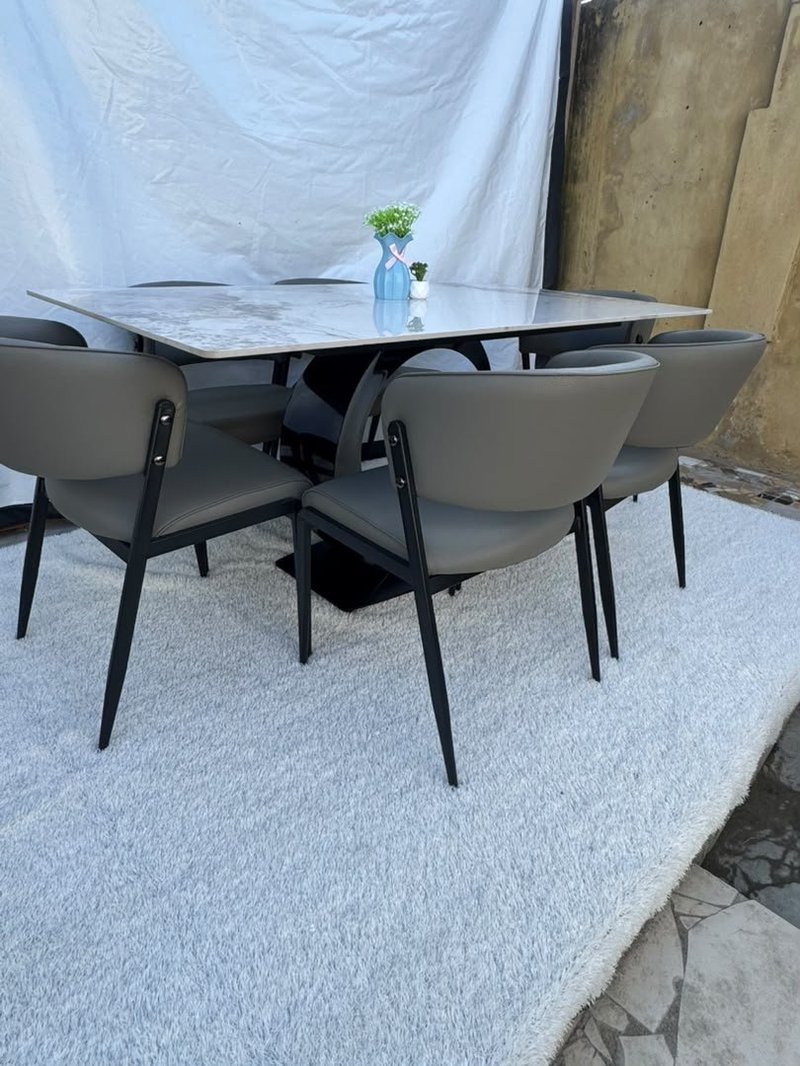 Modern Marble-Pattern Porcelain 6-Seater Dining Set with Leatherette Armchairs - Image 2