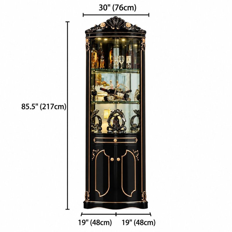 Royal Black & Gold Carved Corner Wine Cabinet - Image 4