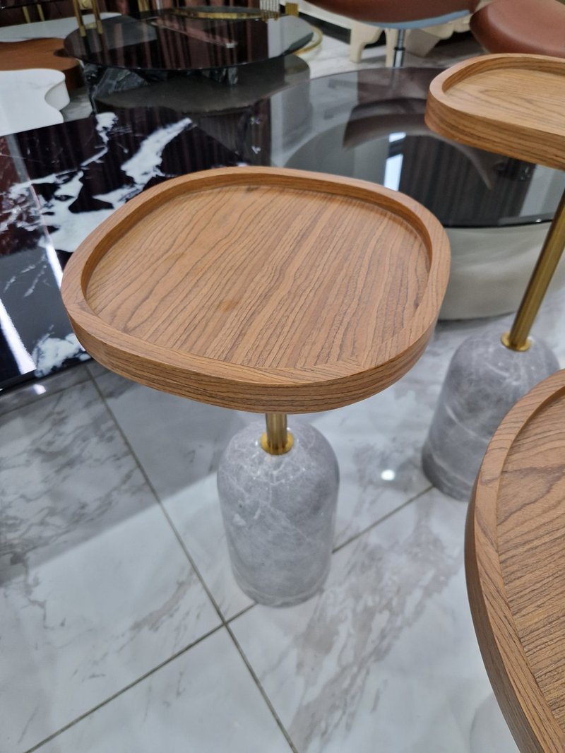 Multi-Level Wooden Tray Side Table with Marble Pedestal Base - Image 3
