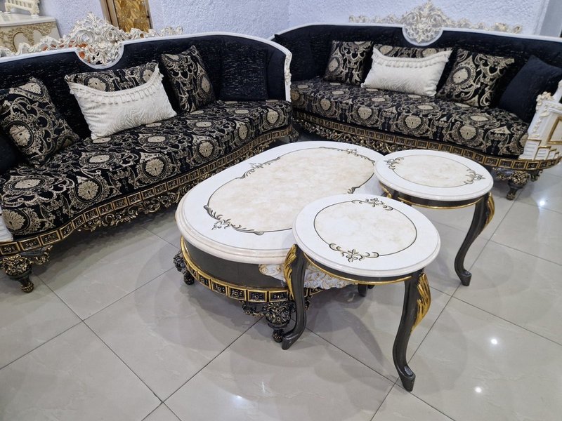 Royal Baroque Black & Gold Curved Living Room Suite with Cream Marble-Top Tables - Image 5