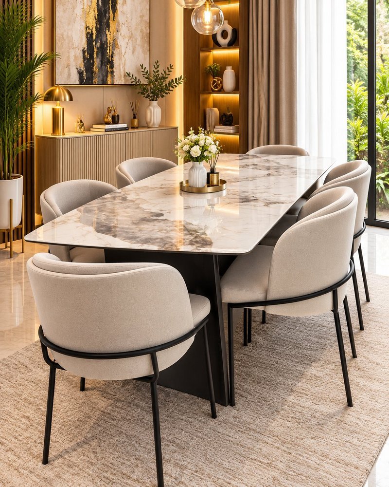 Modern Nordic Luxury 6-Seater Dining Set with Dual-Tone Armchairs - Image 1