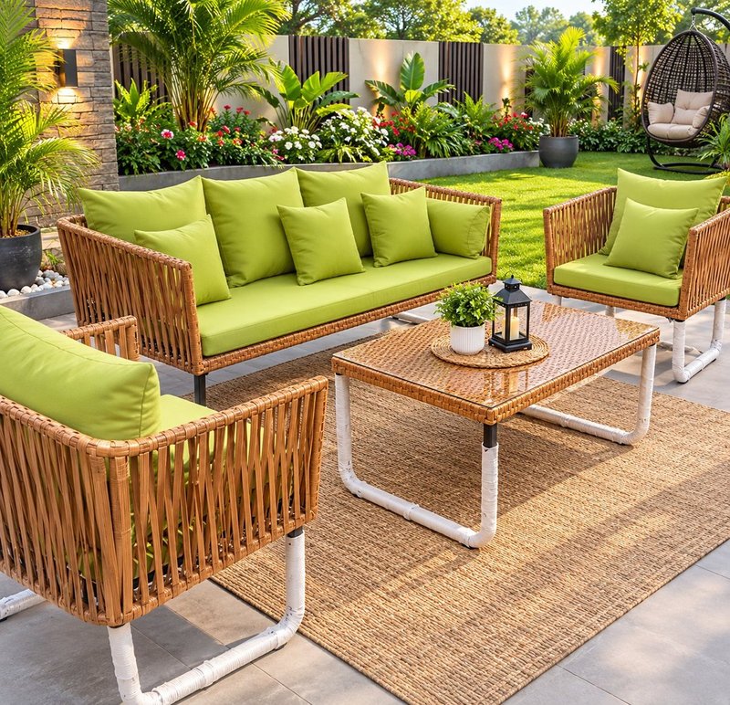 Modern Woven Rattan Outdoor Garden Sofa Set with Lime Green Cushions - Image 1