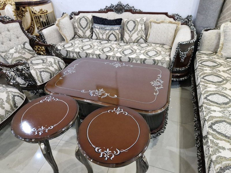 Royal Dark Mahogany & Silver Carved Living Room Suite with Button-Tufted Upholstery - Image 3