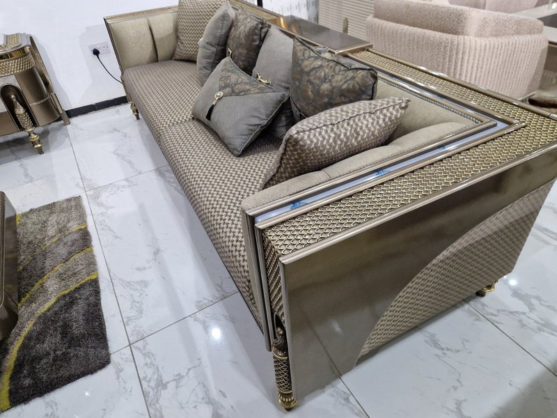 Royal Metallic Bronze Upholstered Living Room Suite with Woven Panel Detailing - Image 6