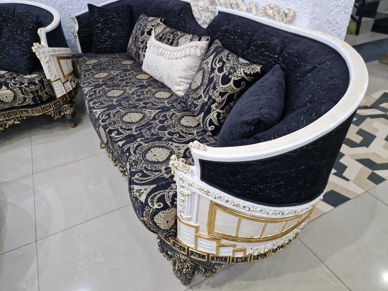 Royal Baroque Black & Gold Curved Living Room Suite with Cream Marble-Top Tables - Image 6