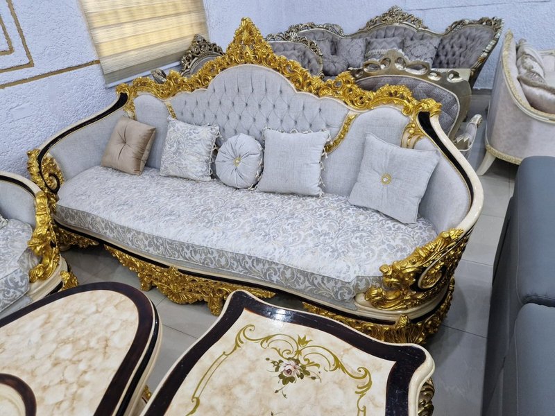 Royal Baroque Ornate Gold & Silver Velvet Living Room Suite with Inlaid Marble Tables - Image 5