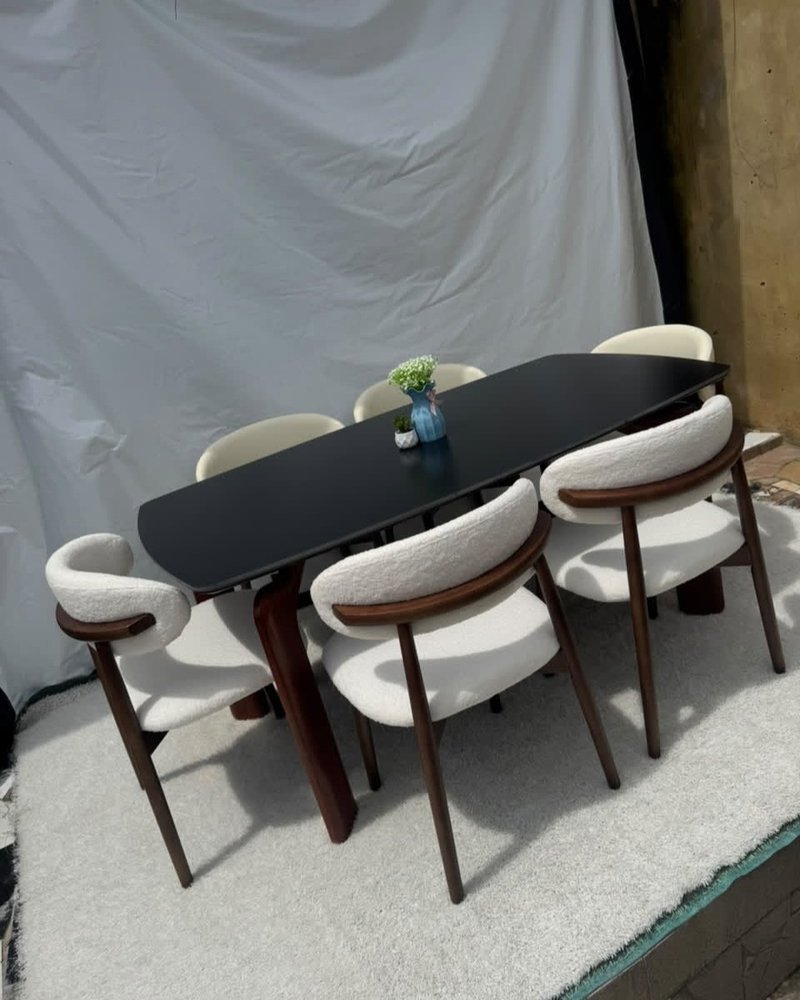 Modern Nordic Black & Tan Walnut 6-Seater Dining Set - Image 4