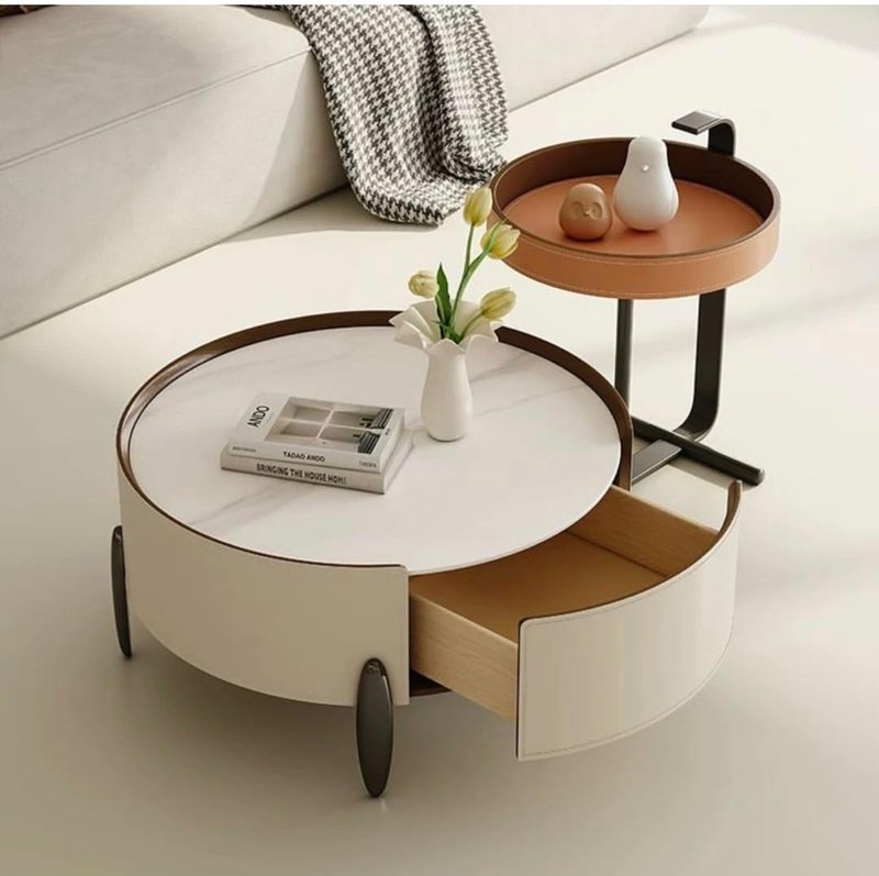 Luxury Round Center Table with Wooden Rim & Stitched Leather Details - Image 1