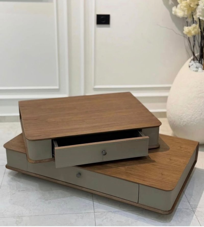 Contemporary Dual-Layer Walnut & Taupe Coffee Table - Image 1