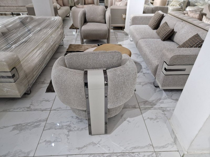Contemporary Textured Beige Fabric Living Room Suite with Sculptural Tub Armchairs - Image 5