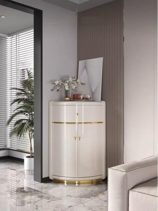 Modern Minimalist Curved White & Gold Corner Bar Cabinet - Image 3