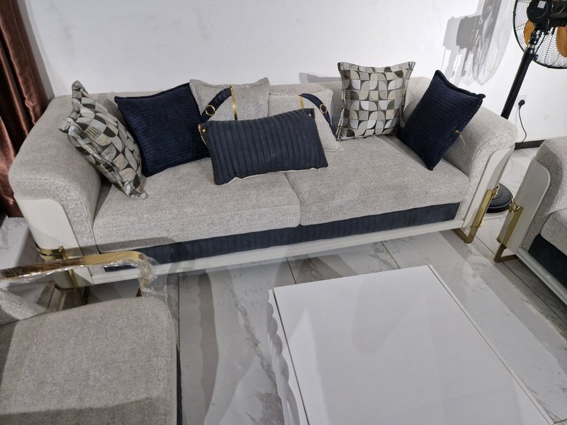 Contemporary Light Grey & Navy Blue Living Room Sofa Suite with Gold Metal Frame Accents - Image 3