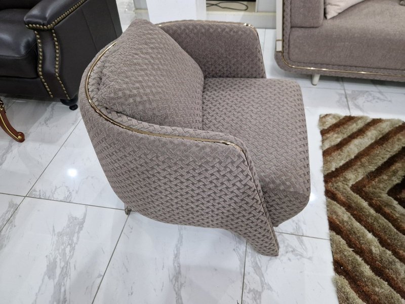 Contemporary Warm Grey Upholstered Living Room Suite with Curved Accent Armchairs - Image 4