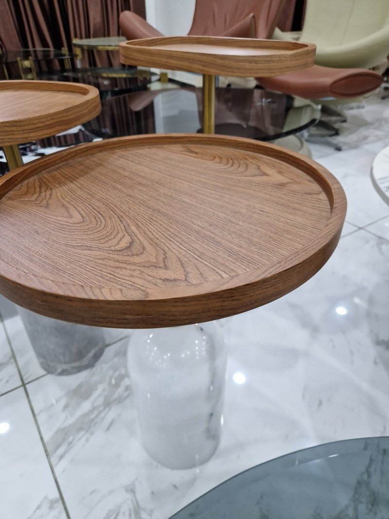 Multi-Level Wooden Tray Side Table with Marble Pedestal Base - Image 2
