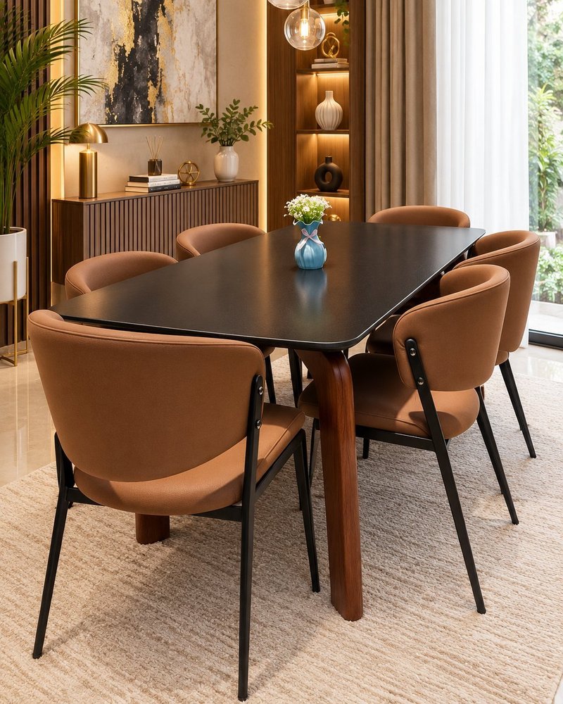 Modern Nordic Matte Black 6-Seater Dining Set with Leatherette Armchairs - Image 2