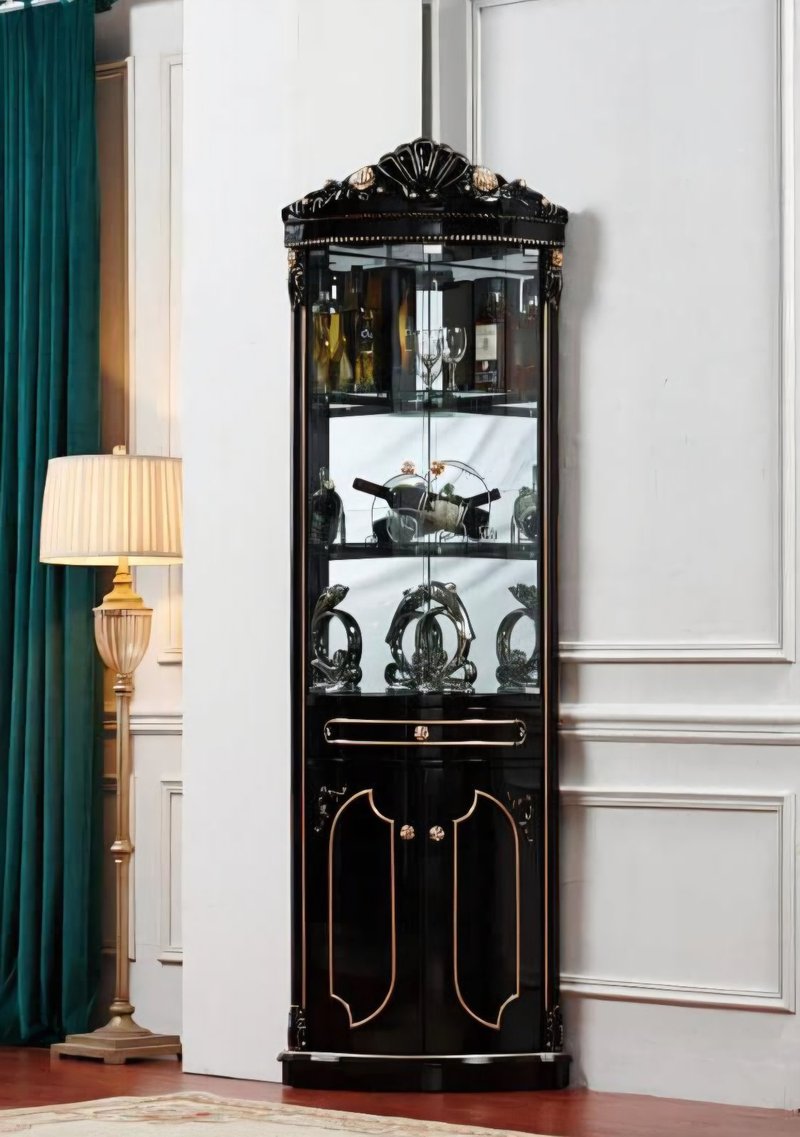 Royal Black & Gold Carved Corner Wine Cabinet - Image 3