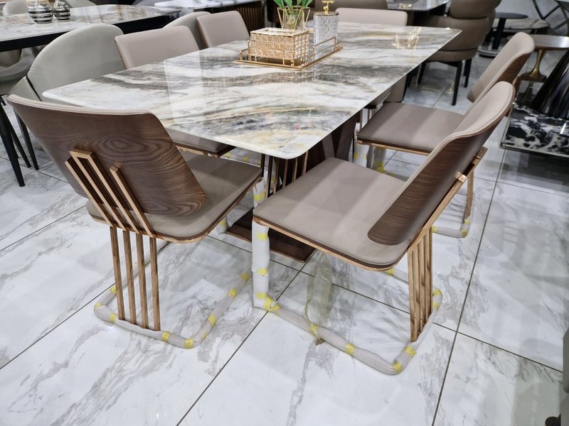 Modern Luxury Faux Marble Dining Table Set with Gold Accent Chairs - Image 3