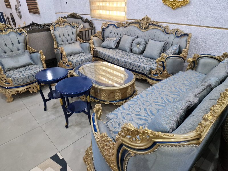 Royal Baroque Sky Blue & Royal Blue Velvet Living Room Suite with Gold Carvings - Image 5
