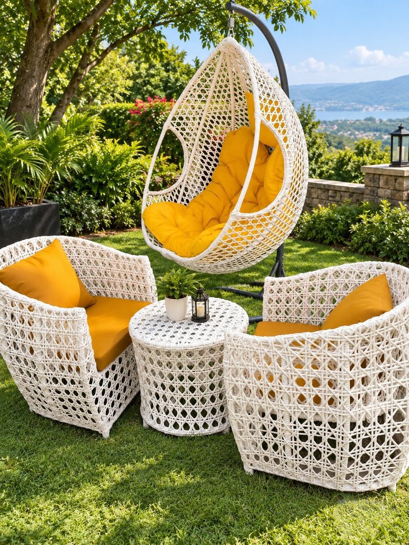 Luxury Woven Rattan Outdoor Patio Set with Hanging Egg Chair & Bistro Armchairs - Image 1