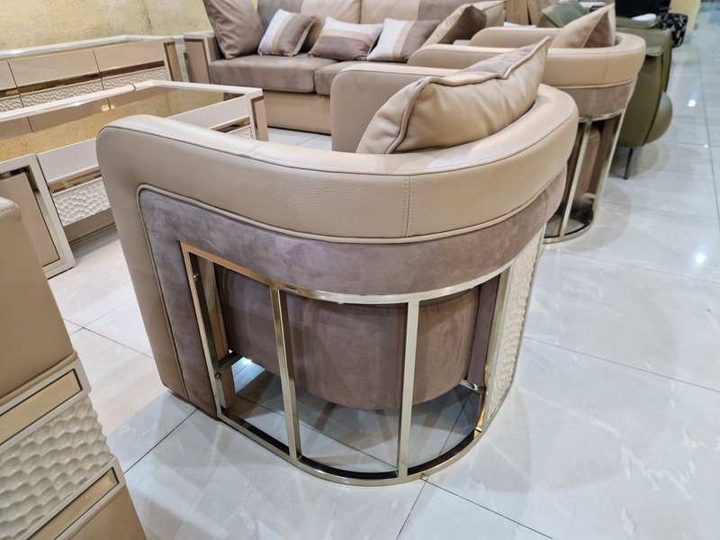 Modern Luxury Cream & Beige Sofa Set with TV Stand, Coffee Table & Side Stools - Image 3