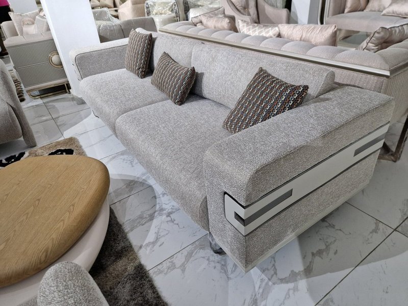 Contemporary Textured Beige Fabric Living Room Suite with Sculptural Tub Armchairs - Image 2