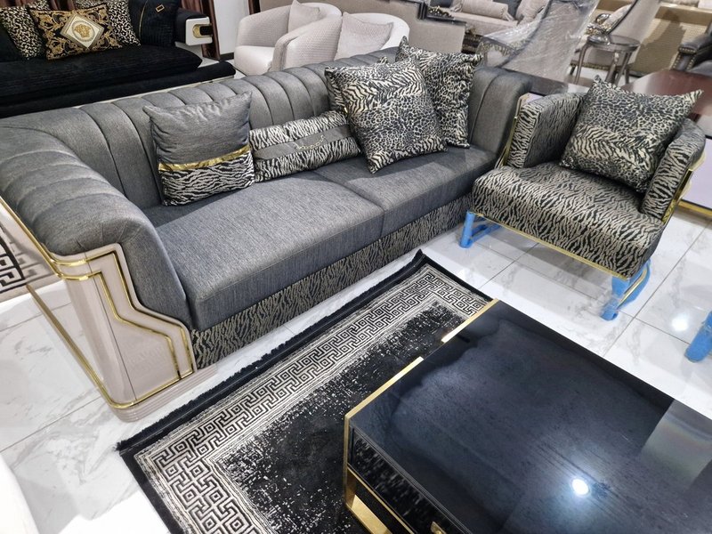 Charcoal Grey & Gold Channel-Tufted Sectional Living Room Suite with Animal Print Accent Chairs - Image 2