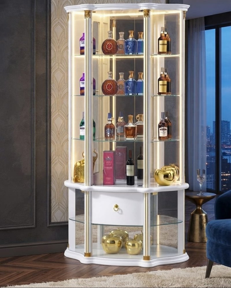 Modern White & Gold Corner Display Cabinet & Wine Bar - Image 1