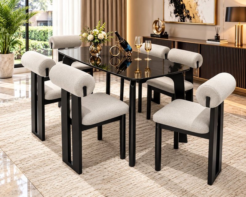 Modern Architectural Glass & Bouclé 6-Seater Dining Set - Image 1