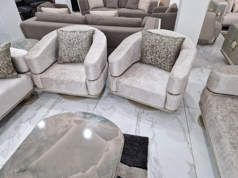 Champagne Beige Velvet Living Room Suite with Fluted Base & Marble-Top Tables - Image 4